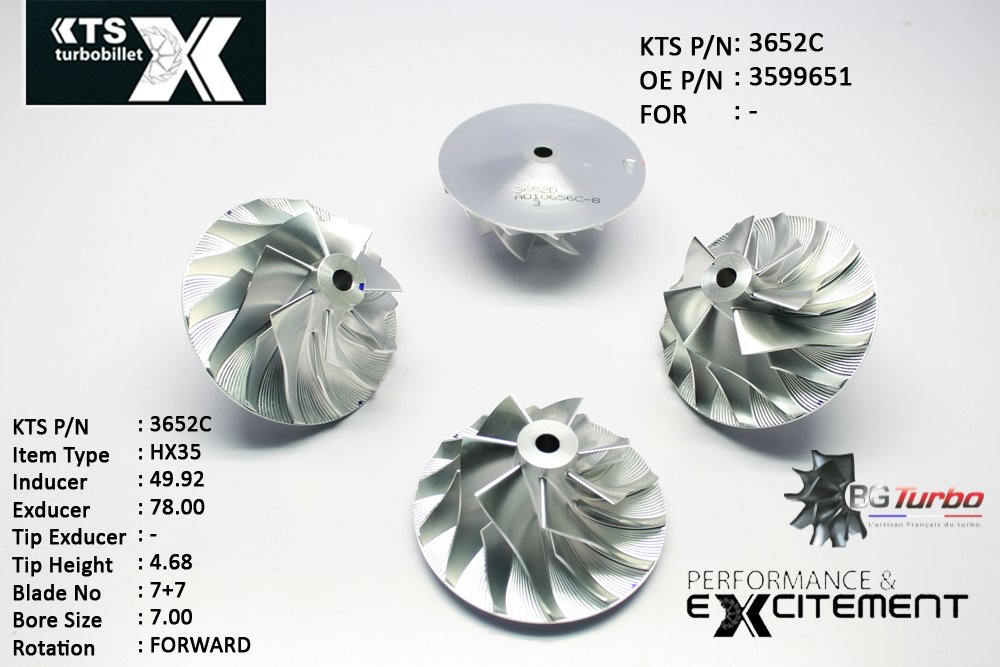 Turbo ROUE FORGÉE MFS PERFORMANCE - 7+7 PALES - INDUCER : 49,92 - EXDUCER : 78 - TYPE : HX35ANGLE : 45° - ROTATION : Forward - SUPER BACK : 5,09 - BORE SIZE : 7
